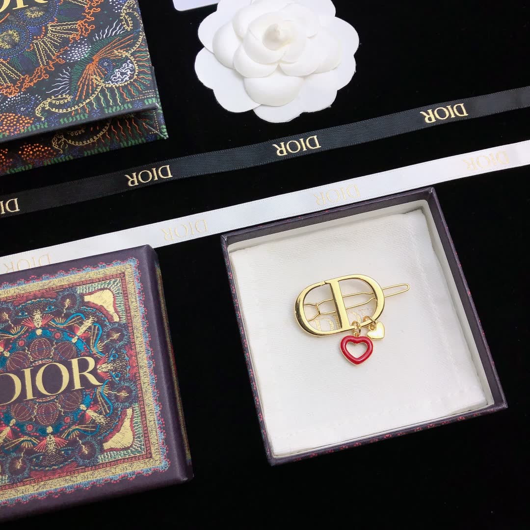 Dior Gold Tone Hair Clip with Red Heart Charm